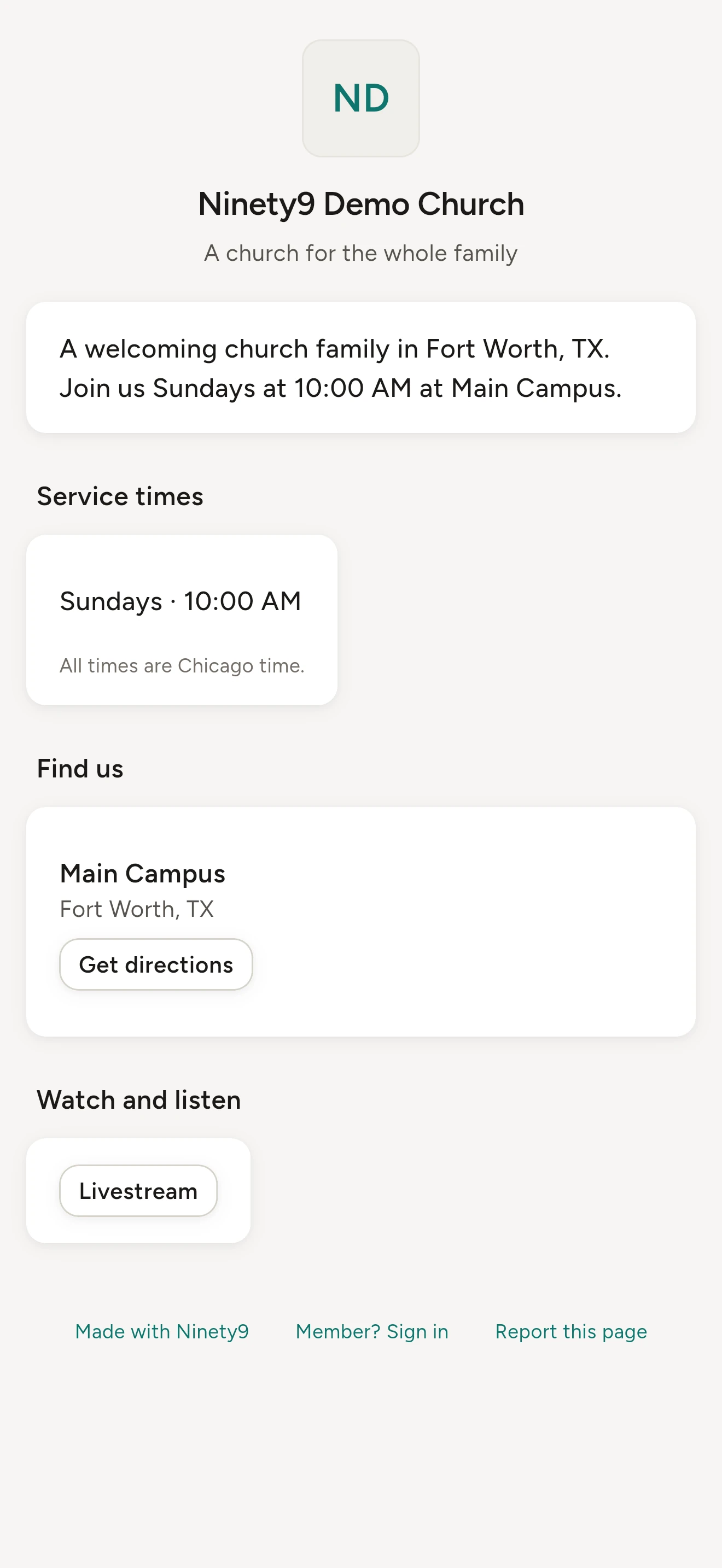 A página pública de uma igreja no celular, com os horários dos cultos, o endereço e os próximos eventos.