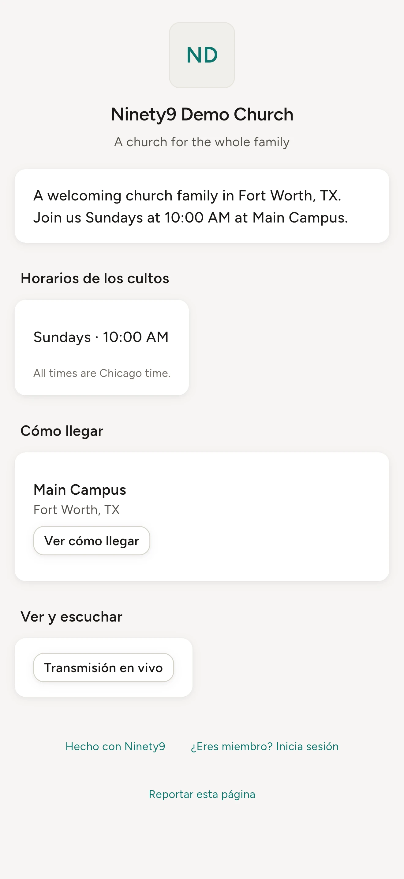 La página pública de una iglesia en un teléfono, con los horarios de los cultos, la dirección y los próximos eventos.