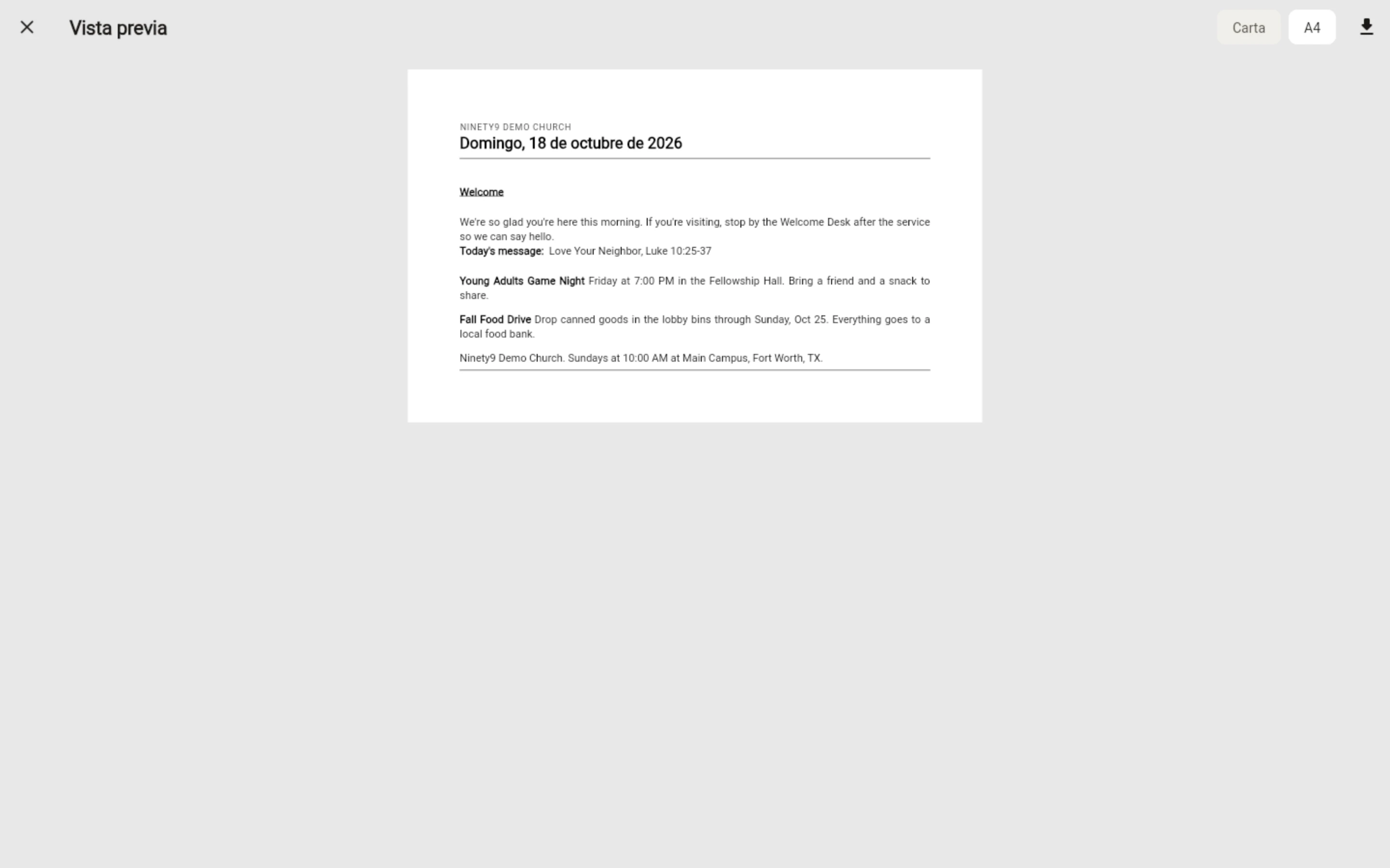 El panel de Ninety9 en la web, con el boletín de la semana de una iglesia en vista previa de impresión, listo para imprimir.